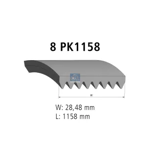 Courroie multi-nervures, 8 PK, L: 1158 mm, W: 28.5 mm, 8PK1158 Pour MAN Chassis, D-engines, G/M/F 90, Lion's, L/M/F/E 2000.