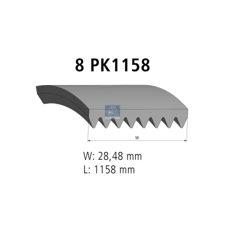 Courroie multi-nervures, 8 PK, L: 1158 mm, W: 28.5 mm, 8PK1158 Pour MAN Chassis, D-engines, G/M/F 90, Lion's, L/M/F/E 2000.