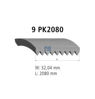 Courroie multi-nervures, 9 PK, L: 2080 mm, W: 32 mm, 9PK2080 Pour Mercedes-Benz Actros 1, Actros 2, Actros 3, Axor, Actros