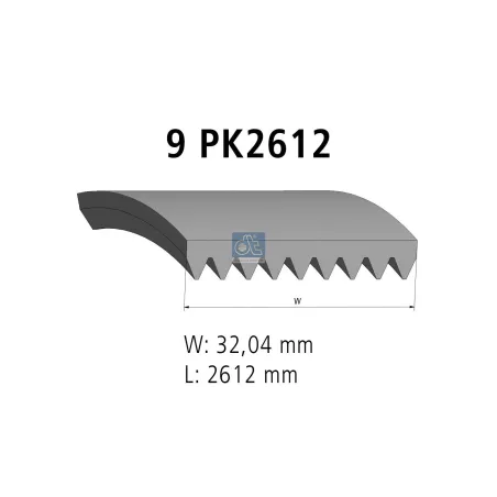 Courroie multi-nervures, 9 PK, L: 2612 mm, W: 32 mm, 9PK2612 Pour MAN - Mercedes-Benz - ZG - N1.01401.1135 - 0109971092.