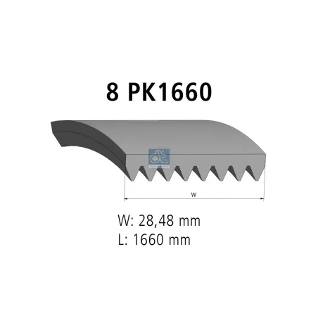 Courroie multi-nervures, 8 PK, L: 1660 mm, W: 28.5 mm, 8PK1660 Pour Mercedes-Benz OM 300 - (L-Serie), MK-Series (OM 400).