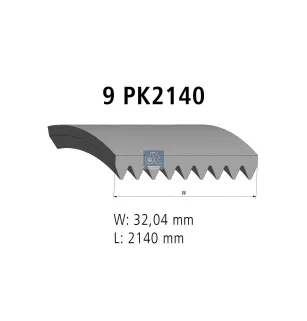 Courroie multi-nervures, 9 PK, L: 2140 mm, W: 32 mm, 9PK2140 Pour Mercedes-Benz Axor, Zetros, Actros - 0019932796 - 0049930196