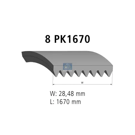 Courroie multi-nervures, 8 PK, L: 1670 mm, W: 28.5 mm, 8PK1670 pour Mercedes-Benz Transporter