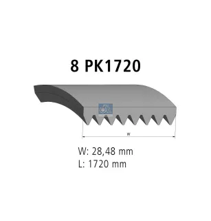 Courroie multi-nervures, 8 PK, L: 1720 mm, W: 28.5 mm, 8PK1720 Pour MAN Chassis, D-engines, G/M/F 90, Lion's, L/M/F/E 2000.