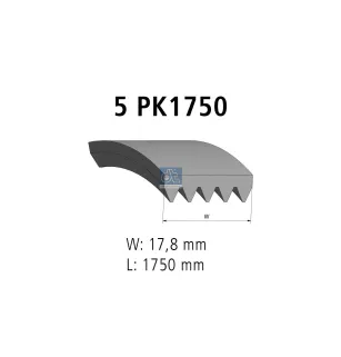 Courroie multi-nervures, 5 PK, L: 1750 mm, W: 17.8 mm, 5PK1750 - 93363909 - 7700111671 - 8200 833541 - 73502713 - 10184997