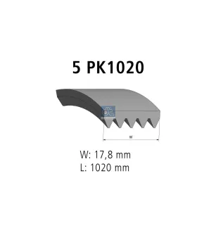 Courroie multi-nervures, 5 PK, L: 1020 mm, W: 17.8 mm, 5PK1020 Pour Renault G / Manager, Premium, R / Major - 96144934