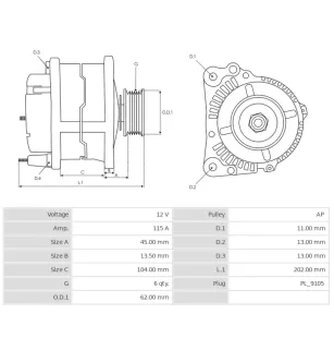 Alternateur 12V - 115A - Volvo Penta : D1, D2, D4, D6 - 874502, 3840181, 3817662