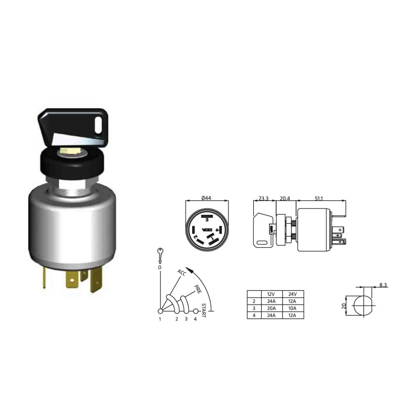 Interrupteur de préchauffage et de démarrage universel pour moteur diesel - 12/24 Volts
