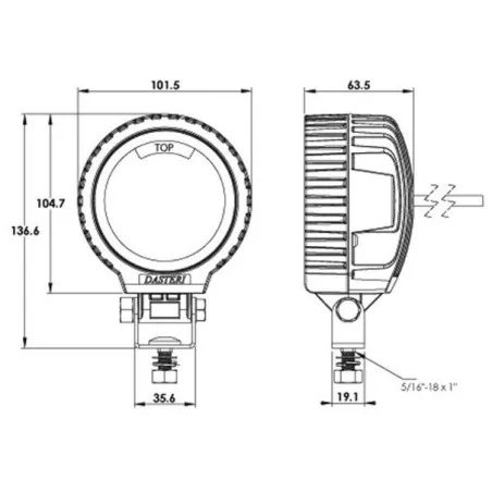 Phare de travail Faisceau large rond 4 leds - 10/50 Volts - ø 101,5 x H 136,6 x Ep 63,5 mm - IP67