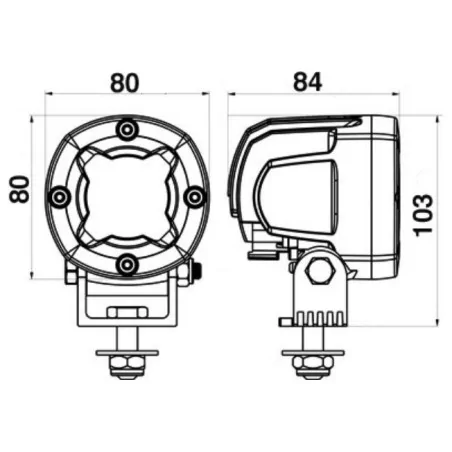 Phare de travail rond 1 Led - 12/48 volts - ø 80 x H 103 x Ep 84 mm - IP68/IP69K