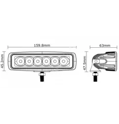 Phare de travail rectangle 6 Leds - 12/24 volts - L 160 x H 48 x Ep 63 mm - IP67