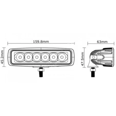 Phare de travail rectangle 6 Leds - 12/24 volts - L 160 x H 48 x Ep 63 mm - IP67