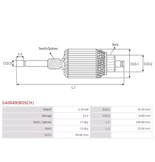 Induit démarreur pour BOSCH 0001109288, 0001109289, 0001109290, 0001109304, 0001109305