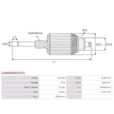 Induit démarreur pour BOSCH 0001109288, 0001109289, 0001109290, 0001109304, 0001109305