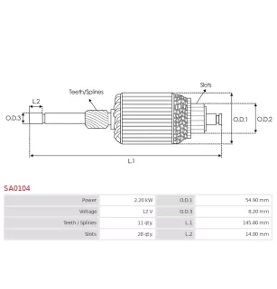 Induit démarreur pour BOSCH 0001148003, 0001148009, 0001148010