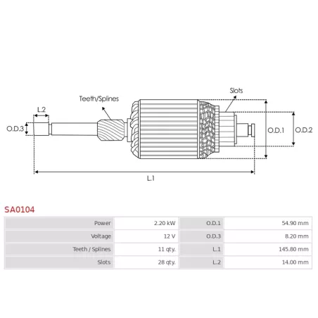 Induit démarreur pour BOSCH 0001148003, 0001148009, 0001148010