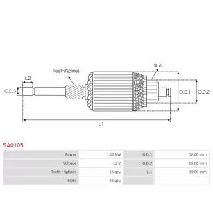 Induit démarreur pour BOSCH 0001177000, 0001177001, 0001177002