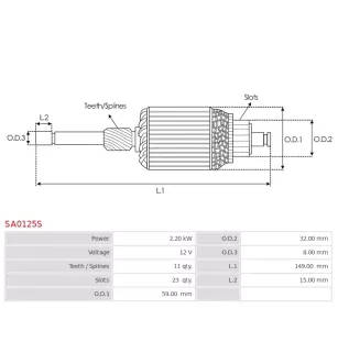 Induit démarreur pour BOSCH 0001149401, 0001149405, 0001149412, 000114