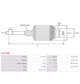 Induit démarreur pour DELCO 10455001, 10455006, 10455008, 10455012, 10