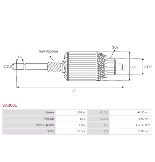 Induit démarreur pour VALEO D6RA10, D6RA100, D6RA101, D6RA104