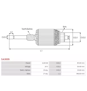 Induit démarreur pour VALEO D13HP601, D13HP605, D13HP607, D13HP608, D1