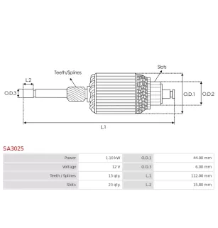 Induit démarreur pour VALEO TS12ER15, TS12ER15M, TS12ER20, TS12ER21S,