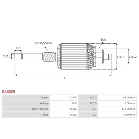 Induit démarreur pour VALEO TS12ER15, TS12ER15M, TS12ER20, TS12ER21S, TS12ER22