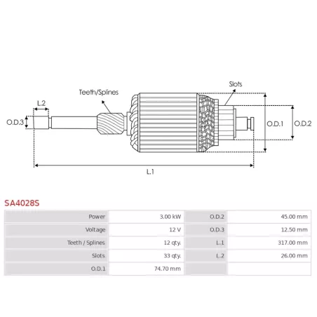 Induit démarreur pour MAGNETI MARELLI 63216800, 63216808, 63216814, 63216815, 63216825, 63216826