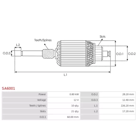 Induit démarreur pour DENSO 0280006490, 0280006491, 0280006492, 0280006493, 0280006494