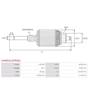 Induit démarreur pour ISKRA / LETRIKA 11216555 , AMP4526