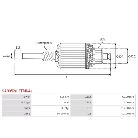 Induit démarreur pour ISKRA / LETRIKA 11216555 , AMP4526