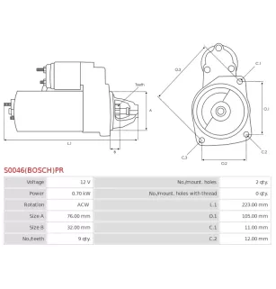 Démarreur 12V 0.70Kw 9 dents BOSCH 6004AA0021, 9000020027, 9000042021, 9000042027, 9000042034, 9000082009,VW 111911023C