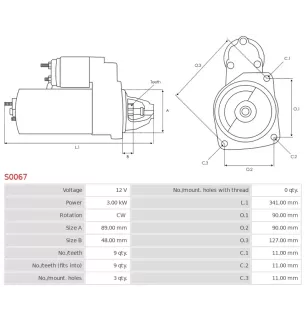 Démarreur 12V 3.0Kw 9 dents BOSCH 0001359043, 0001359084, 0001367034, 0001367059, 0001367300, 0001367301, 0001367303