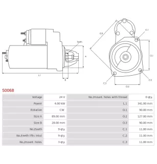 Démarreur 24V 4.0Kw 9 dents AS-PL UD03384S, UD03442S, UD11312S