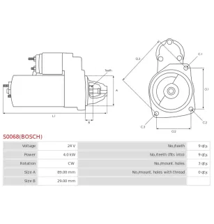 Démarreur 24V 4.0Kw 9 dents BOSCH 0001231028, 0001360003, 0001360012, 0001360035, 0001368001, 1986S10079, KHD 01170053, 01173820