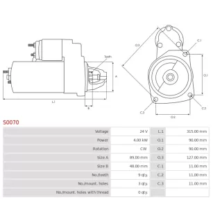 Démarreur 24V 4.0Kw 9 dents BOSCH 0001231003, 0001263060, 0986017990