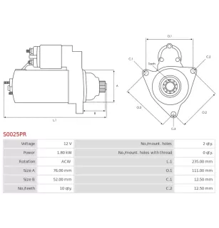 Démarreur 12V 1.80Kw 10 dents BOSCH, 0001124001, 0001124002