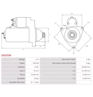 Démarreur 12V 1.80Kw 10 dents BOSCH, 0001124001, 0001124002, 0001125007, 0001125008, 0001125012, 0001125013