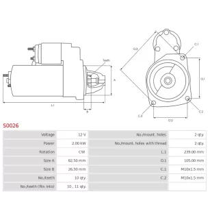 12 V 2,00KW 10 Zähnestarter Chrysler, 05073919aa, 05103581aa