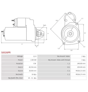 12V 2.00kW 10 Dientes arrancador Chrysler, 05073919AA, 05103581AA