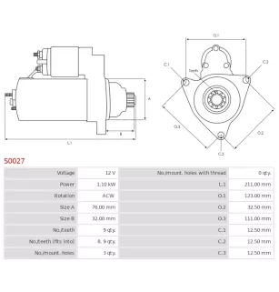 Démarreur 12V 1.10KW 9 dents FORD, 1003308, 1007765, 1012221