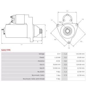 Démarreur 12V 1.10KW 9 dents FORD, 1003308, 1007765, 1012221