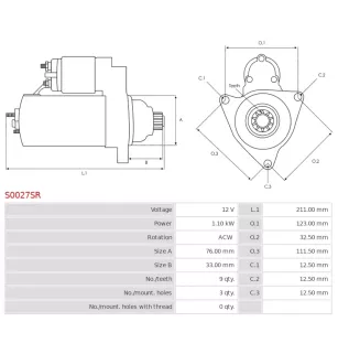 12V 1.10kW 9 tooth starter, 1007765, 10122221, 1012395