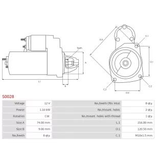12 V 1,10 kW 8 Zähnestarter Chrysler, 04793210, 04793210ab