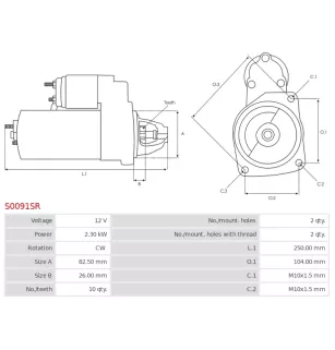 Démarreur 22V 2.30Kw 10 dents Remplace BOSCH 0001223005, 0986018270, 6033AC0076,WOODAUTO STR22089, STR22110