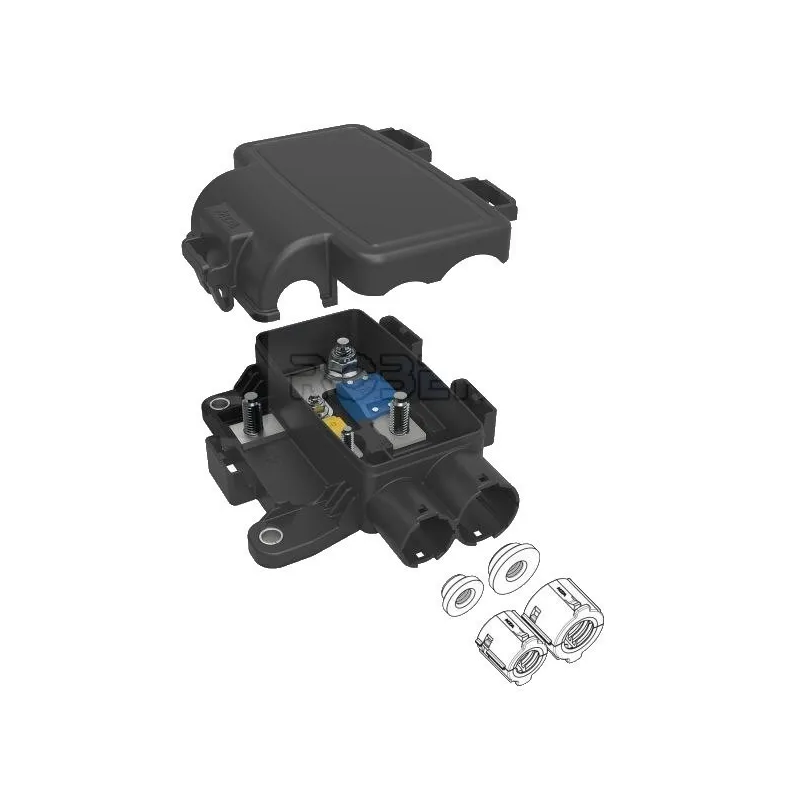 Caixa de proteção elétrica + distribuição para 1 fusível MIDI + 1 fusível MEGA Caixa de proteção elétrica + distribuição para 1 fusível MIDI + 1 fusível MEGA