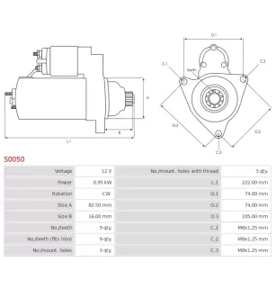 Démarreur 12V 0.95Kw 9 dents   BOSCH 0001208709, 0001208710