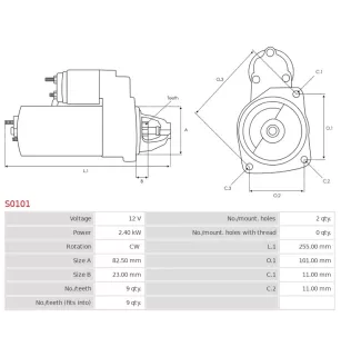 12V 2V Starter 2,40 kW 9 Dent ersetzt AS-PL S0101, UD03385S