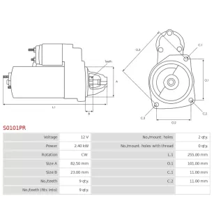 12V 2V Starter 2.40KW 9 Dent ersetzt Bosch 0001109369, 0001109460