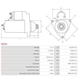 12 V 1.10 kW 9 Zähnestarter ersetzt AS-PL S0104, Bosch 0001107025